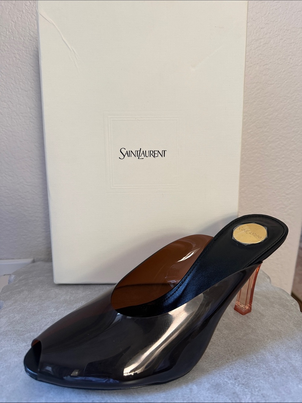 Saint Laurent Black and Brown Patent Peep-Toe Mule with Transparent Brown Heel